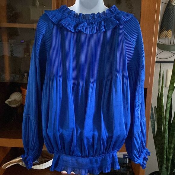 DIANE VON FURSTENBERG VINTAGE PLEATED GEORGETTE BLOUSE ROYAL BLUE 6 - Picture 6 of 11